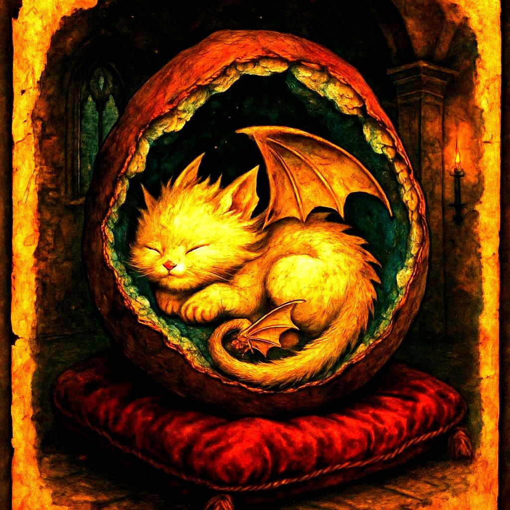 Sleeping Cat Dragon in Geode, Golden Age Illustration