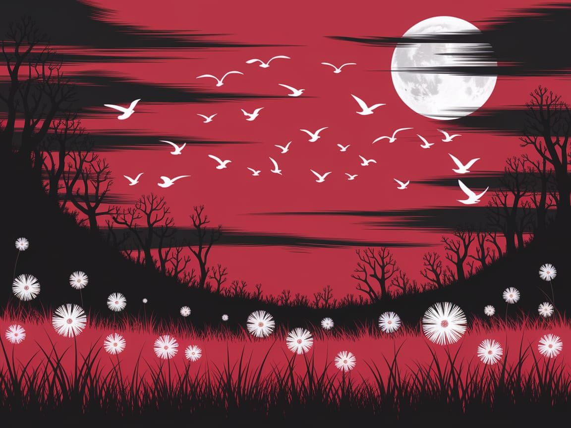 Surreal Blood-Red Sky Landscape with White Flowers