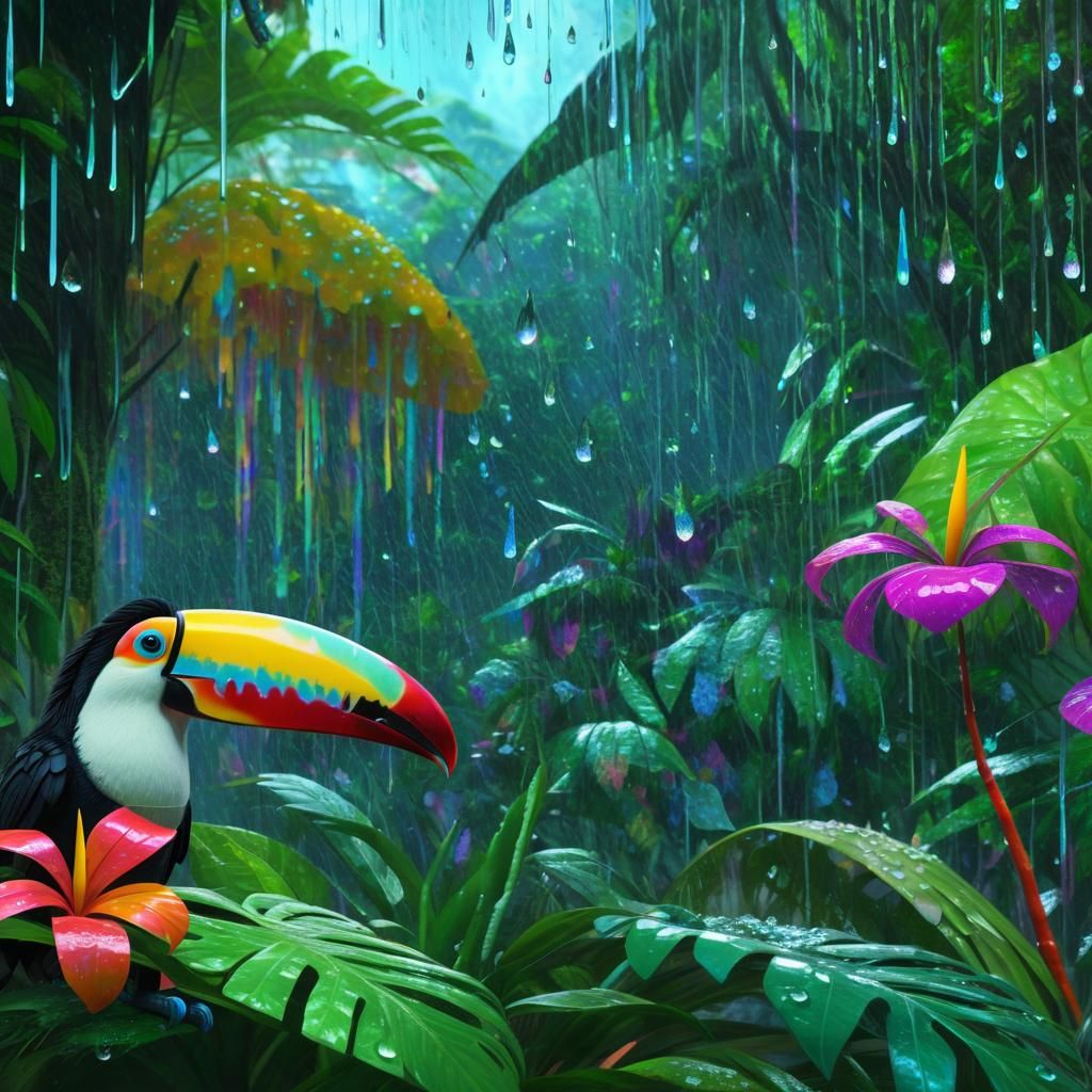 toucan and rain and splash of color