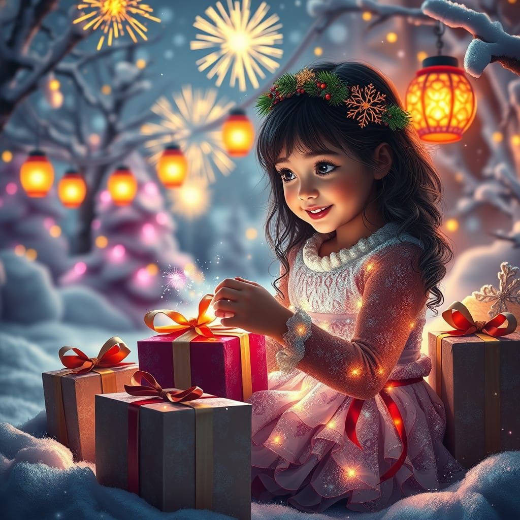 Young Girl Receives Gifts in Whimsical Winter Wonderland