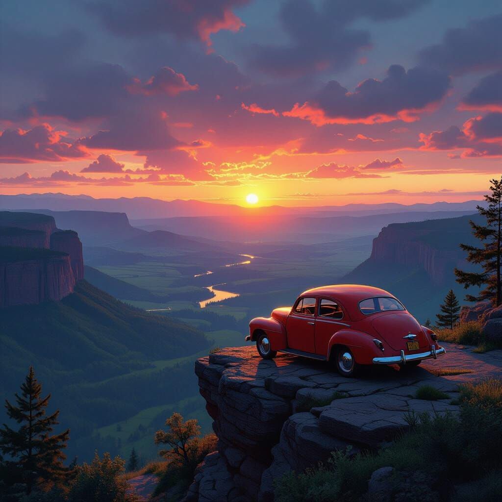 Vintage Car Overlooks Sunlit Valley Landscape