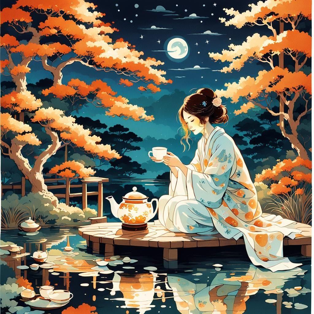 Night Tea in Japanese Garden: Watercolor Painting