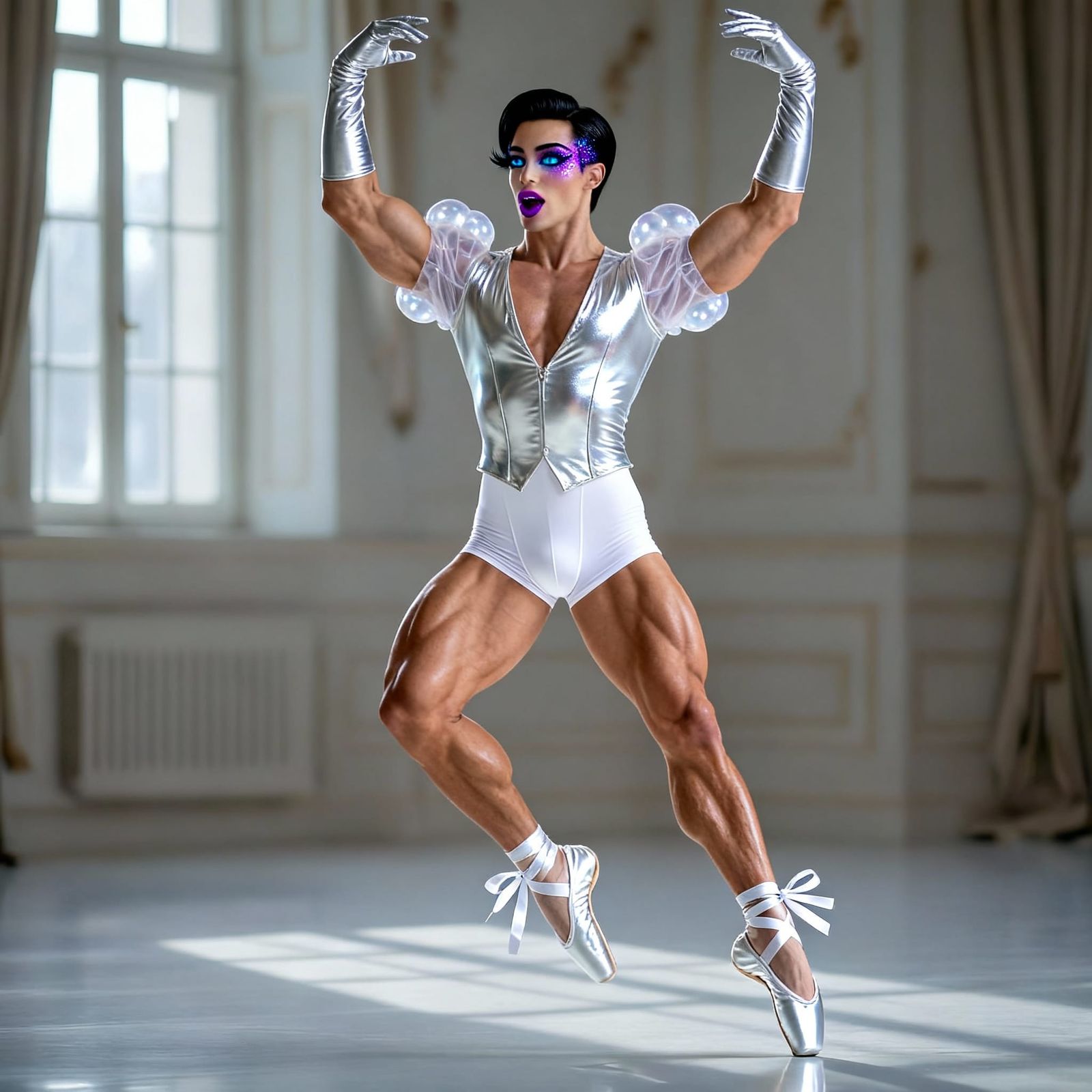 Muscular Male Ballet Dancer in Shiny White Spandex