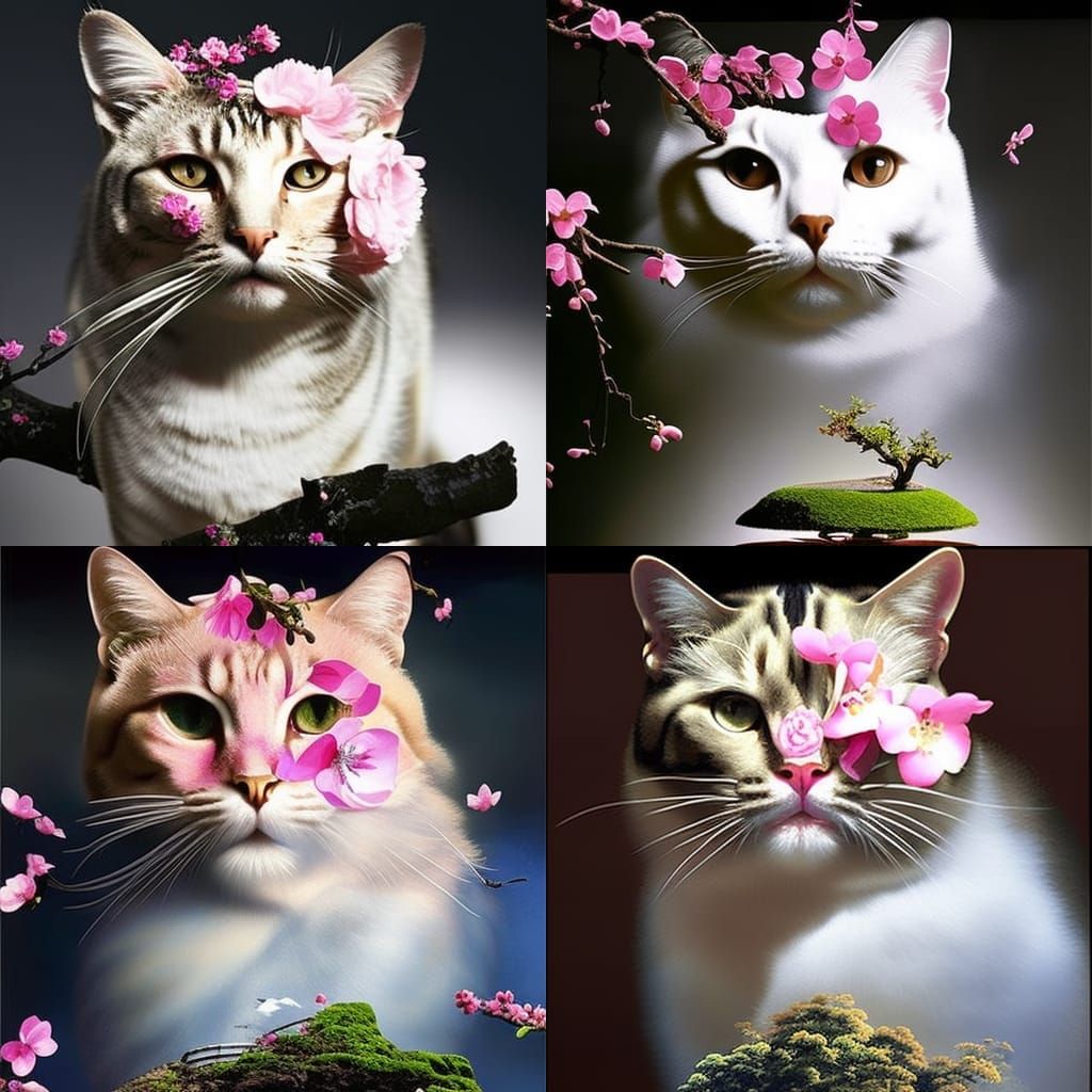 Cat Transforms into Blooming Cherry Tree: Baroque Style