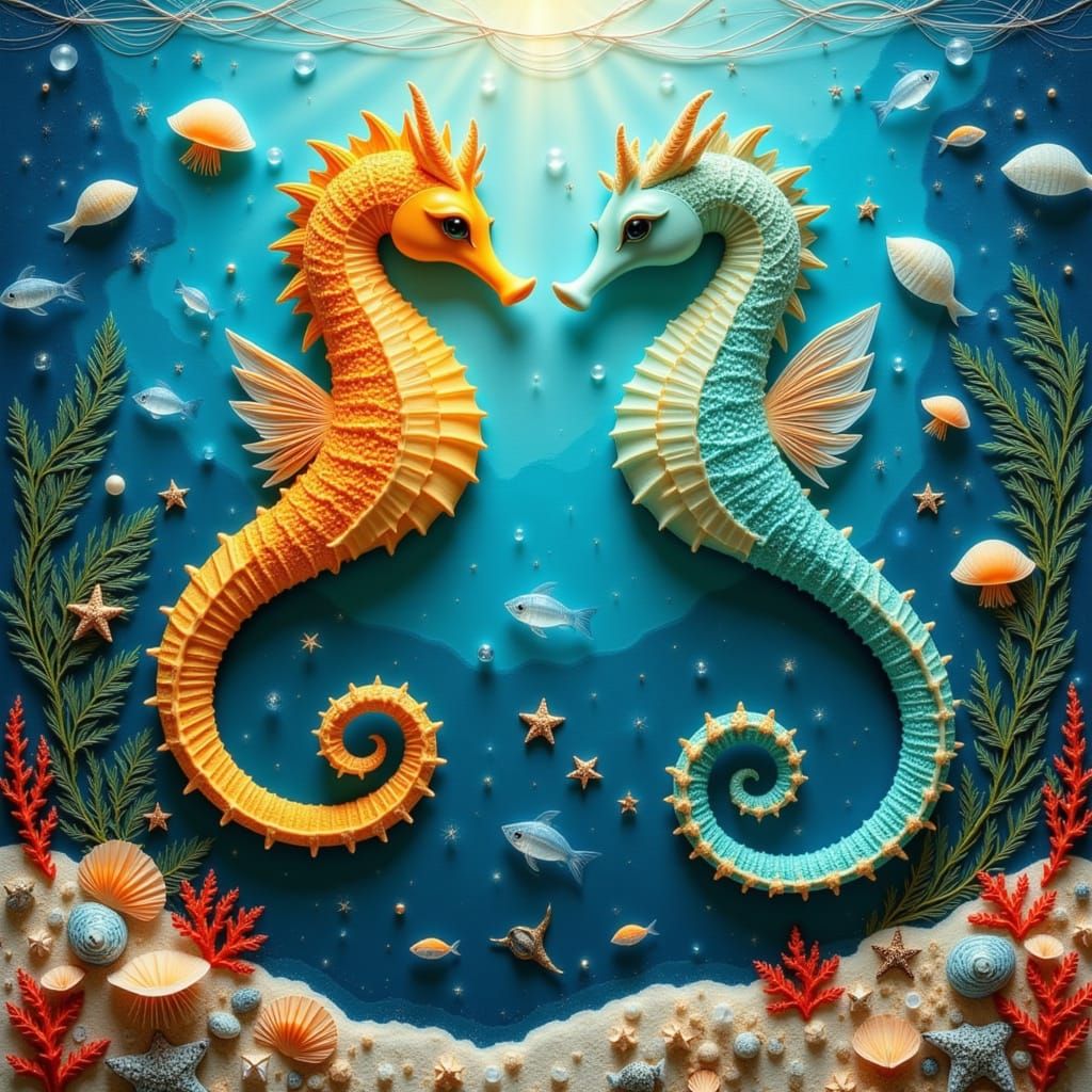 Underwater Seahorse Fantasy in Dimensional Collage Style