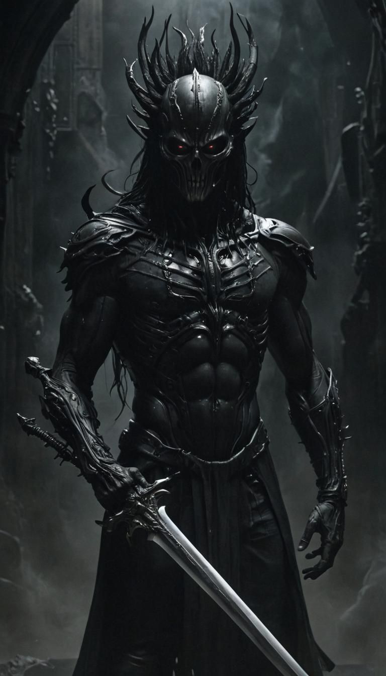 Shadowblade: Eerie Dystopian Warrior in Dark Fantasy Style