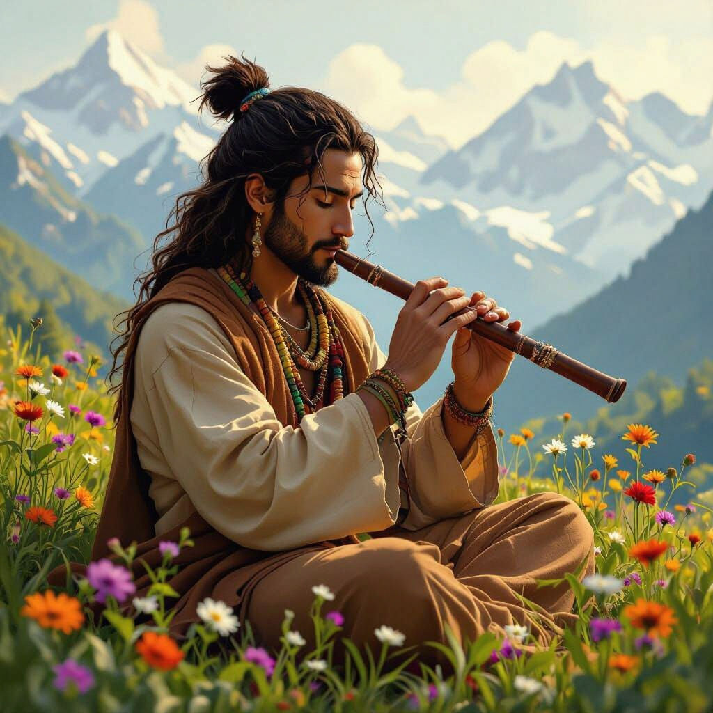 Man Playing Flute in Lush Wildflower Meadow