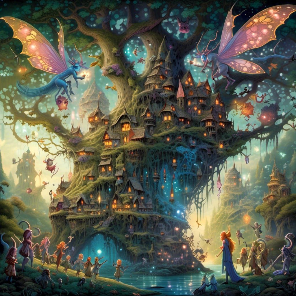 Elven Fairies and Monsters in Magical Woodland Scene