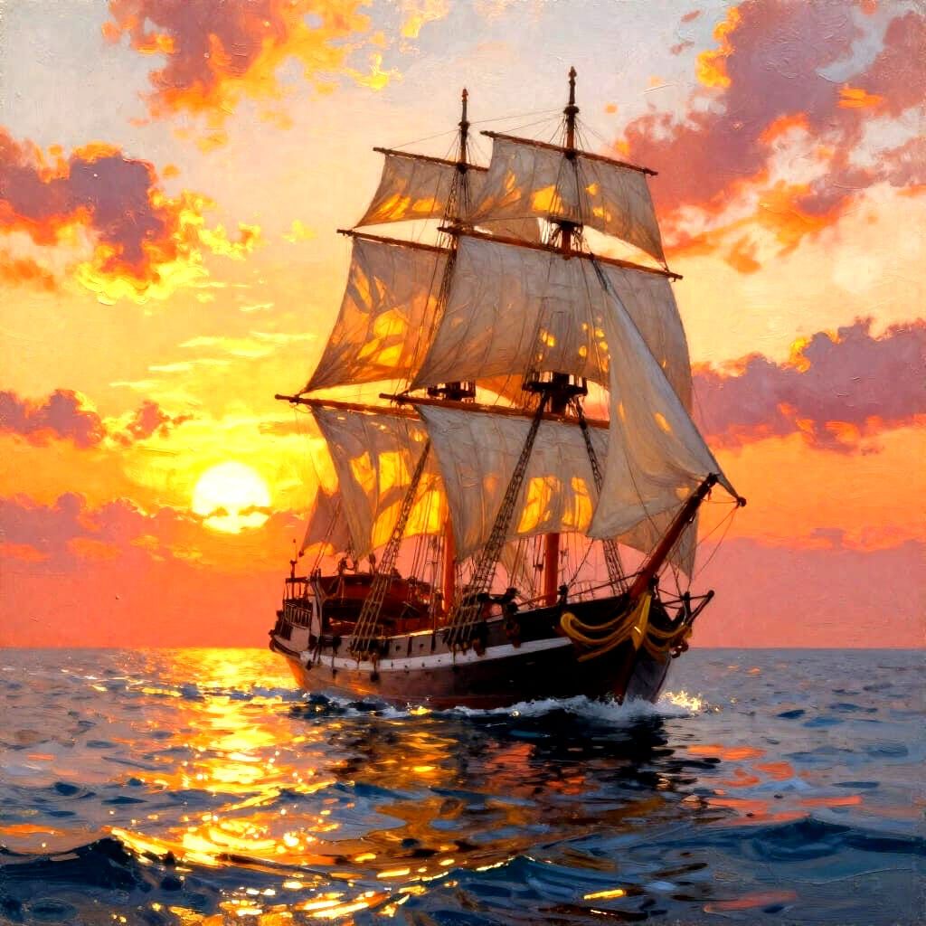 Majestic Tall Ship at Sunset Oil Painting