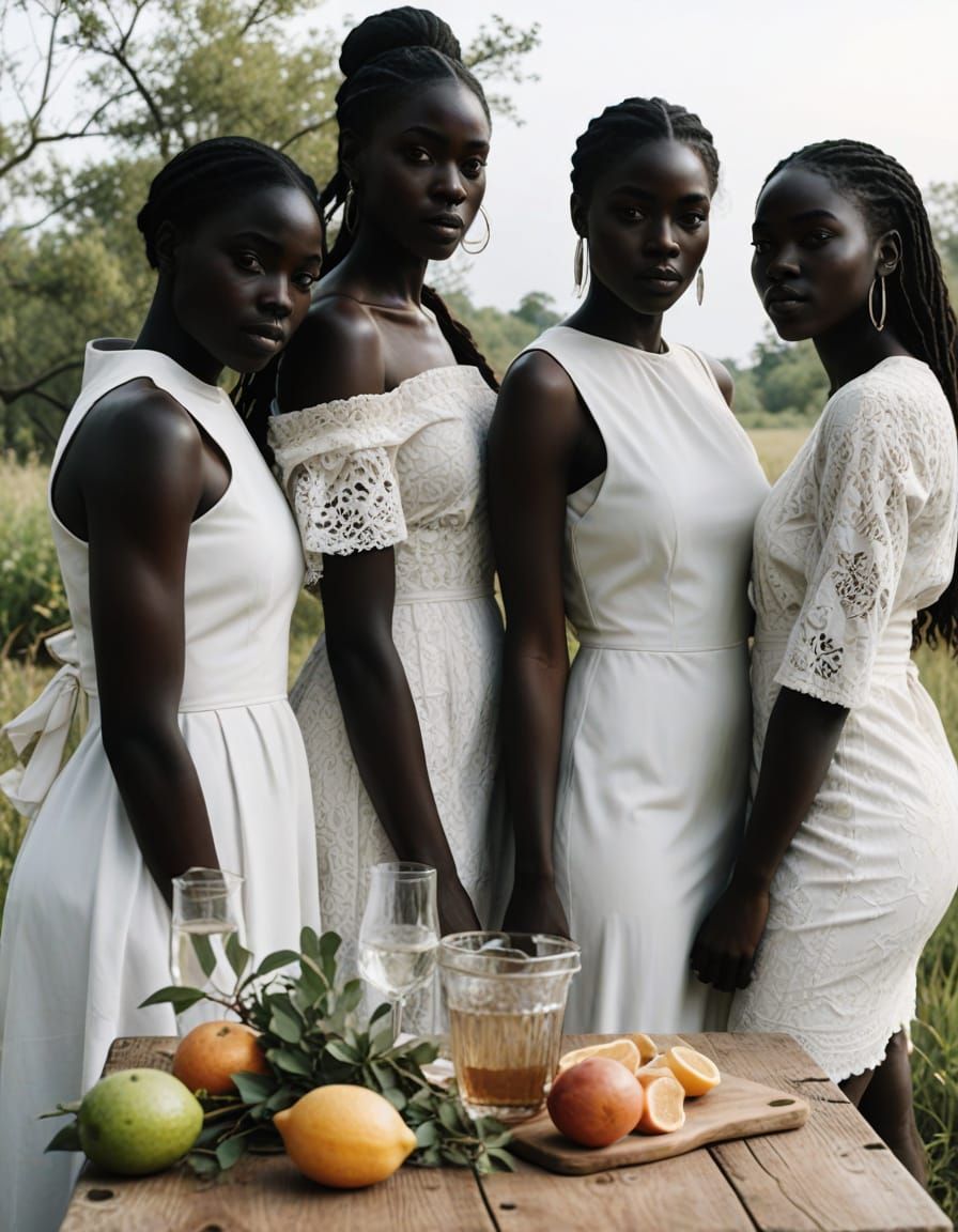 Elegant Black Women in White Dresses Amidst Nature