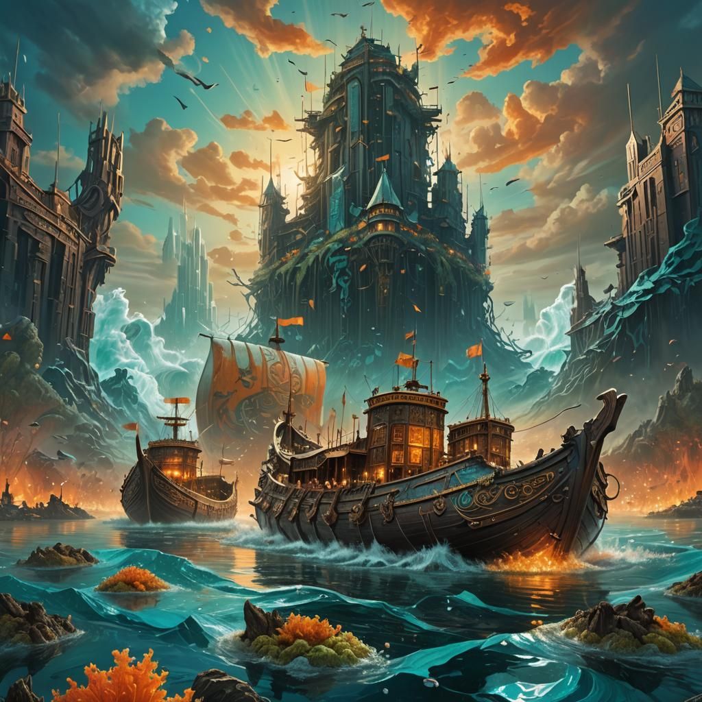 Underwater Viking Ships With Floating Futuristic City