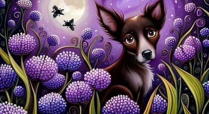 Whimsical Dog in Violet Flowers with Moths