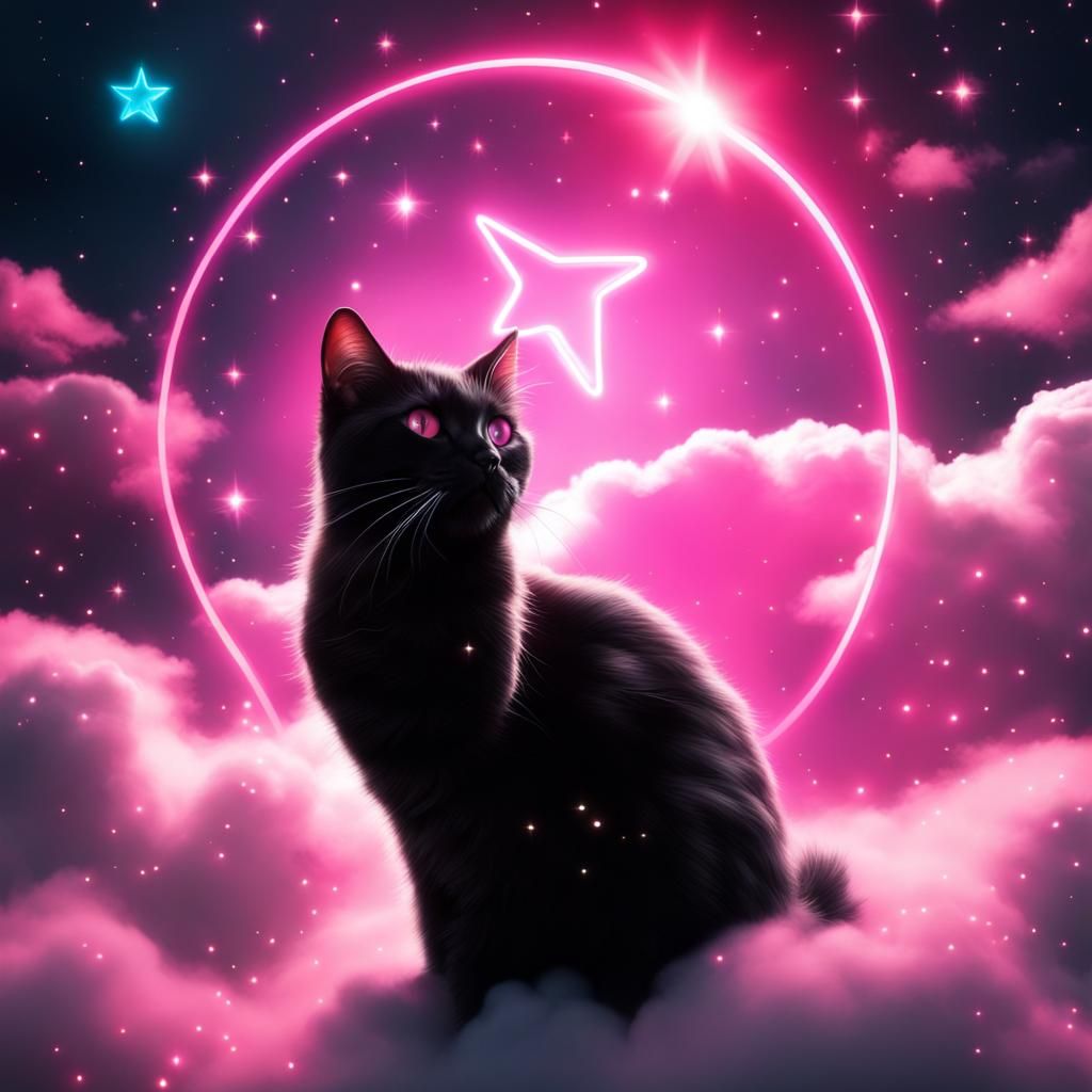 Neon Pink Cat with Star Wand on Clouds