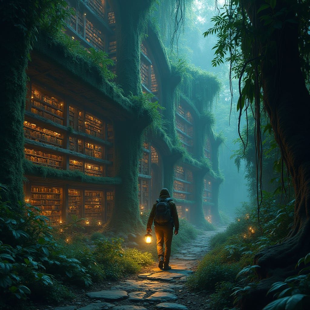 Explorer in Ancient Jungle Library, Maximalist Style