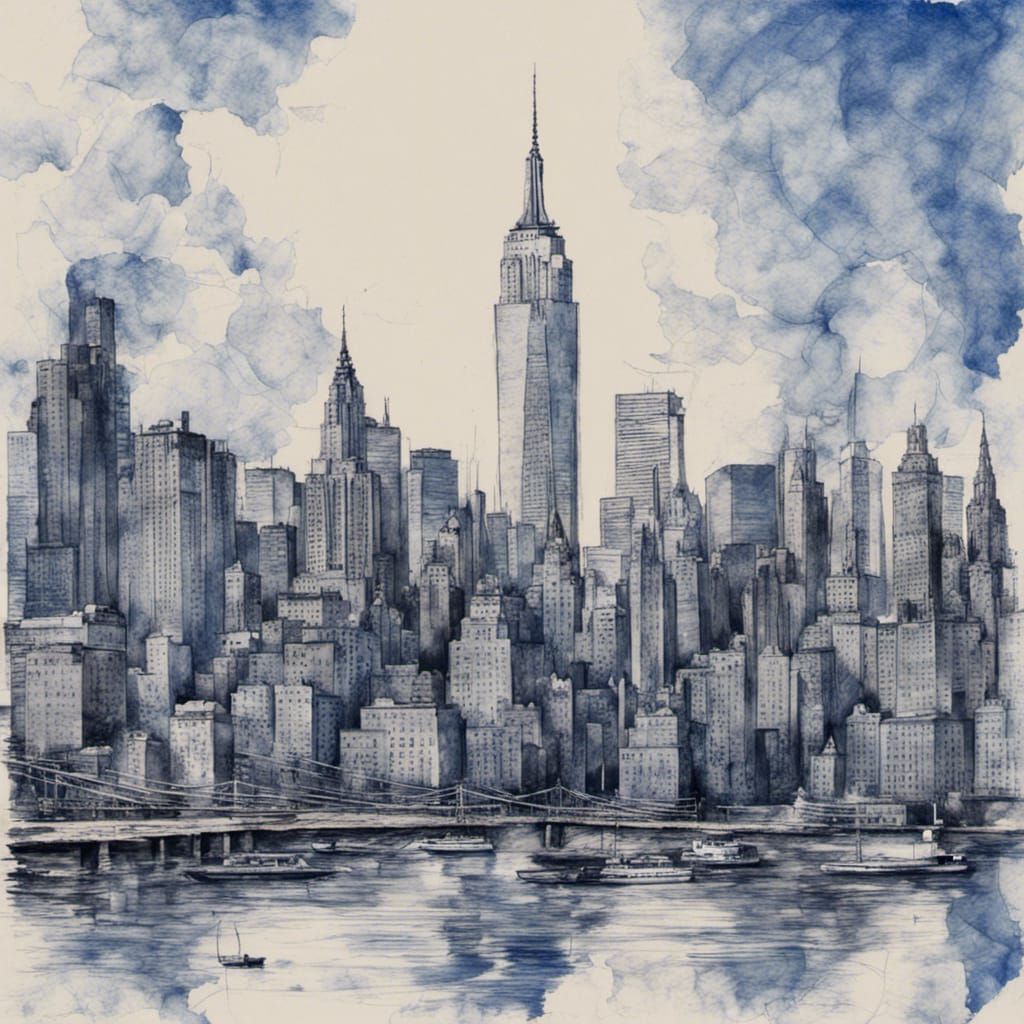 Blue Ink Sketch of New York City Skyline