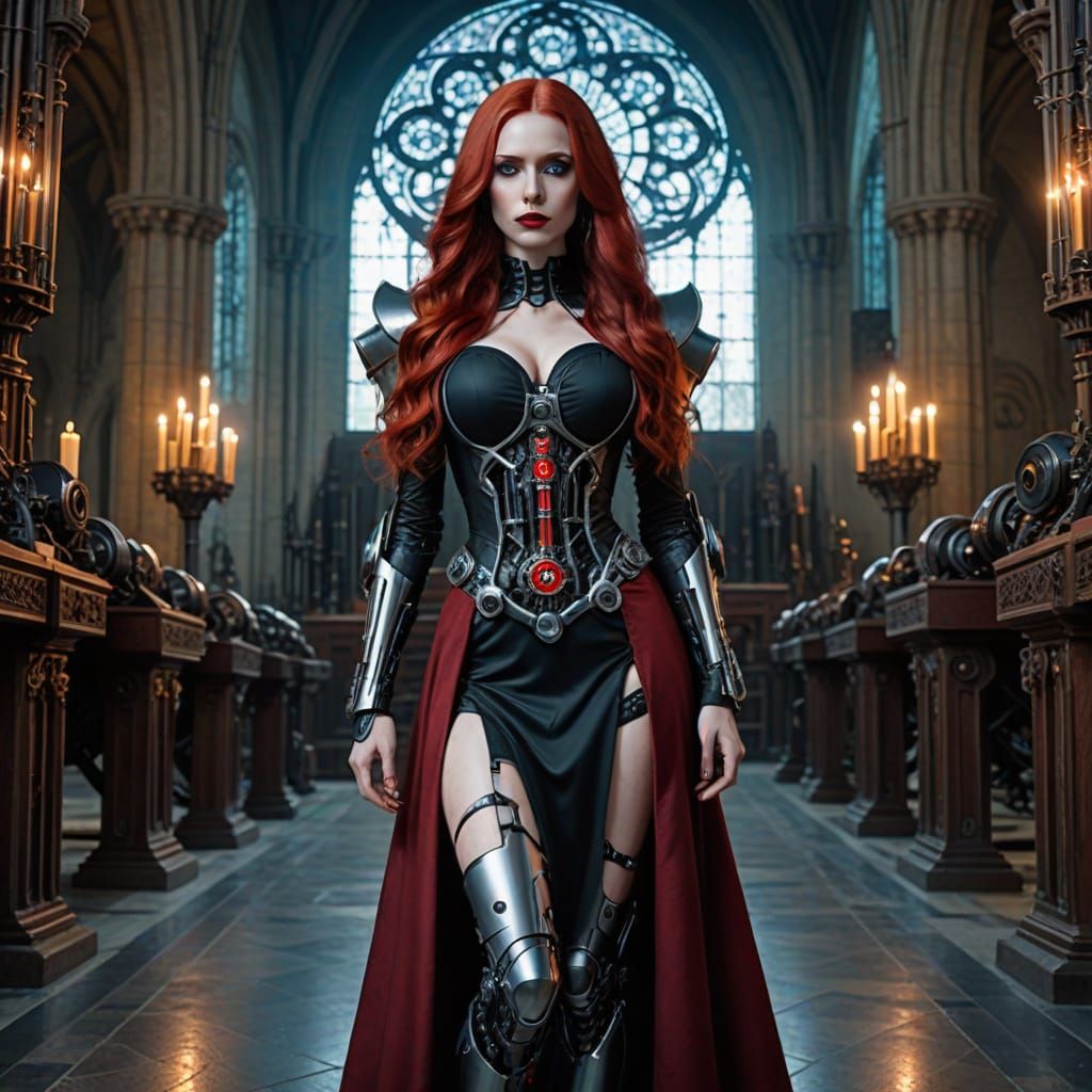 Cyberpunk Gothic Goddess in Crimson Robe