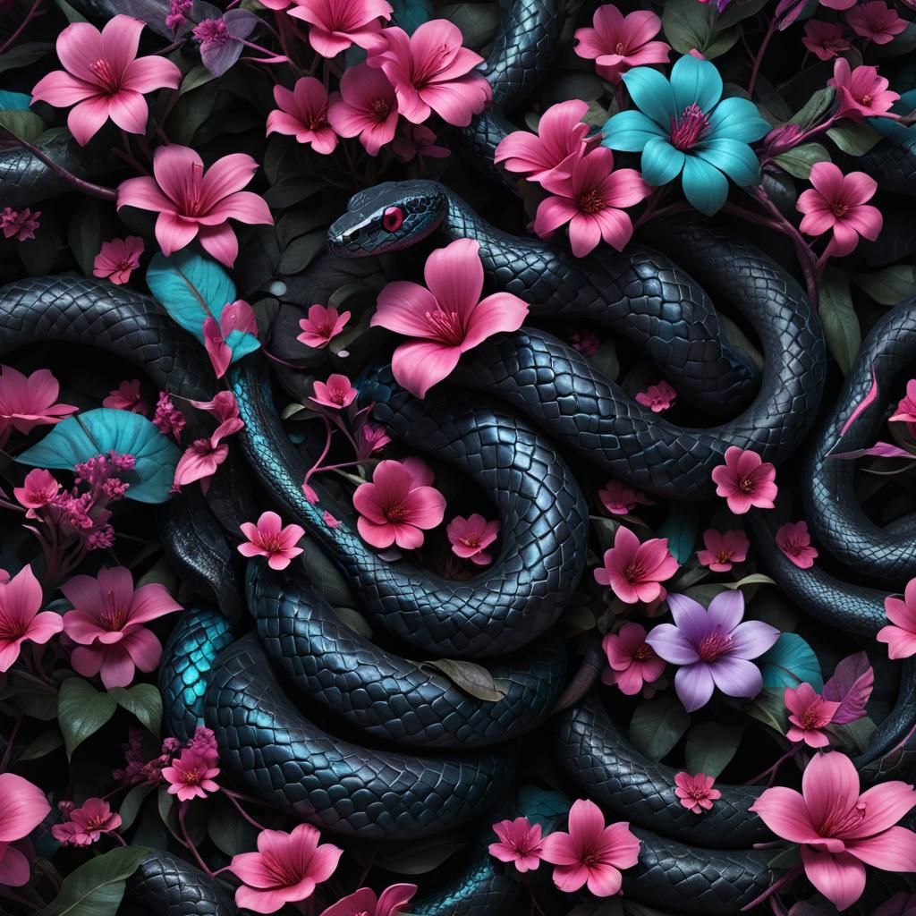 Black Snake Entwined with Exotic Flower: Dark Fantasy Art