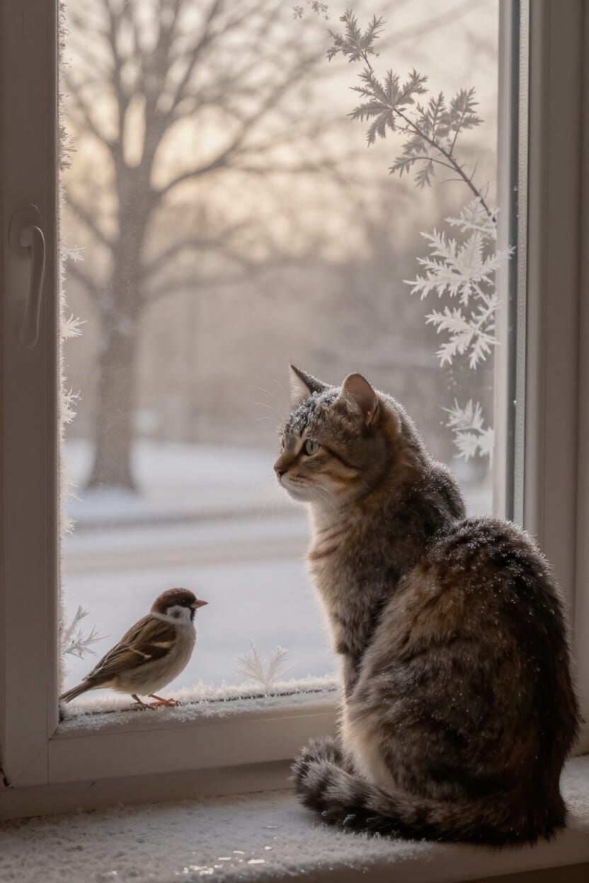 Serene Winter Morning Cat Watching Sparrows