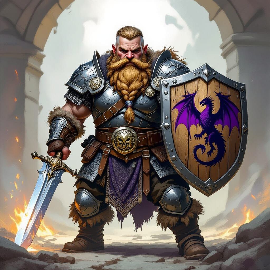 Dwarf Fighter with Dragon Shield in Epic Fantasy Style