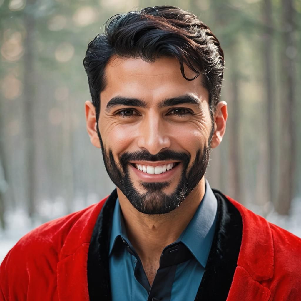 Handsome Man in Red Velvet Robe in Snowy Forest