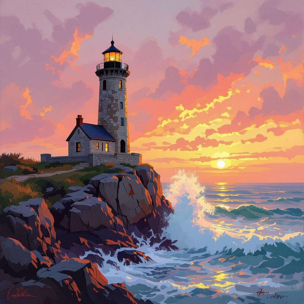 Lighthouse on Cliff at Sunset in Impressionistic Style