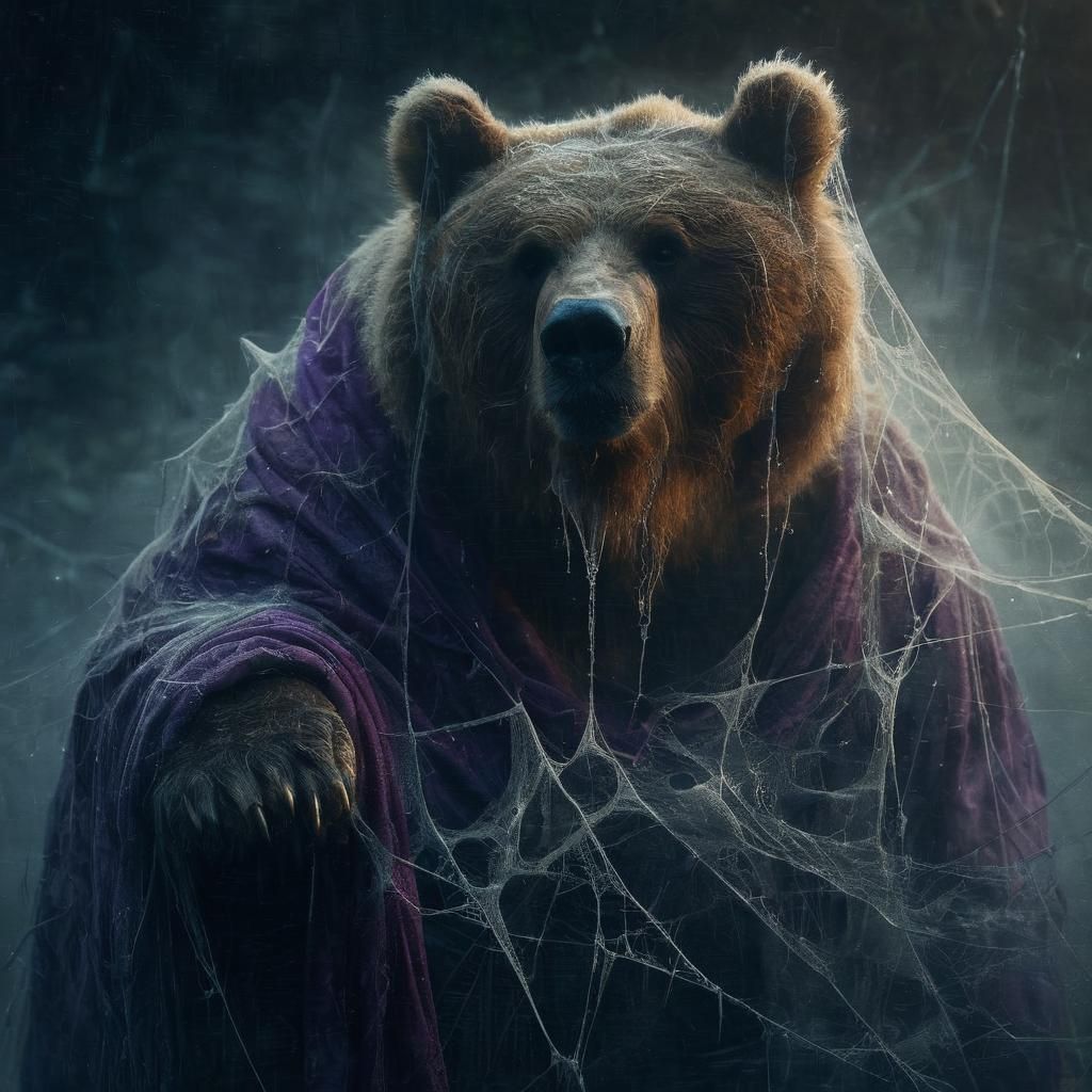 Kodiak Bear in Cobwebs Rising from Swamp