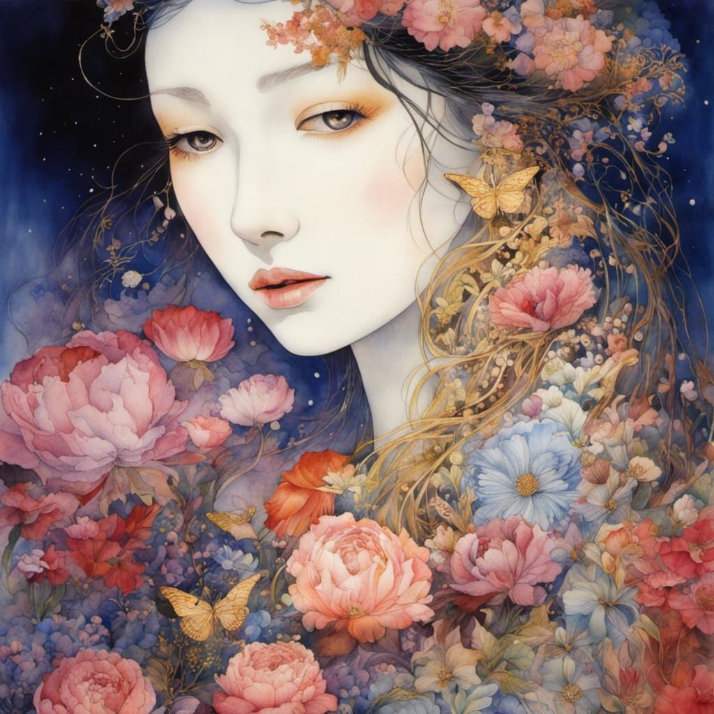 Dreamlike Woman Surrounded by Flowers in Watercolor