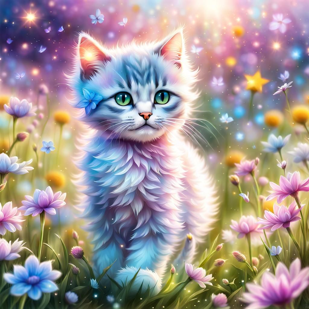 eine kleine Katze auf einer Frühlingsblumenwiese