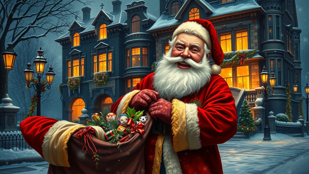 Father Christmas in Snowy Victorian London Scene