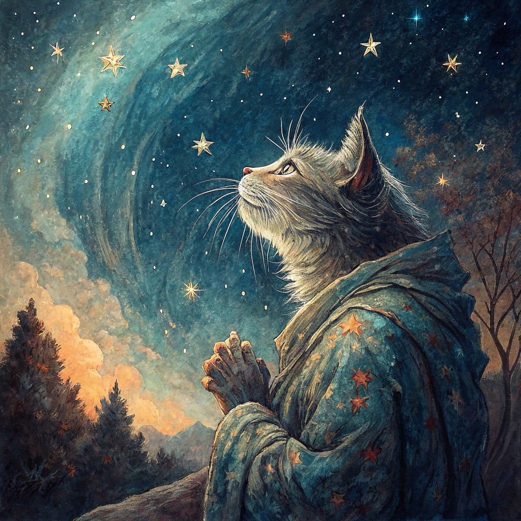 Praying Cat in Gouache Style Against Starry Sky