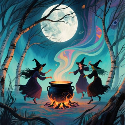 Witches Dance Under November Moon in Fairytale Style