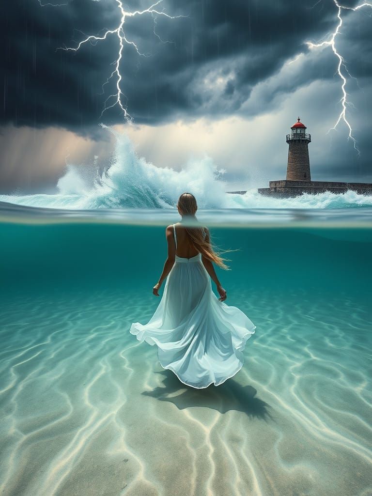 Serene Lakebed Goddess Amidst Tempestuous Storm in Moody Spl...