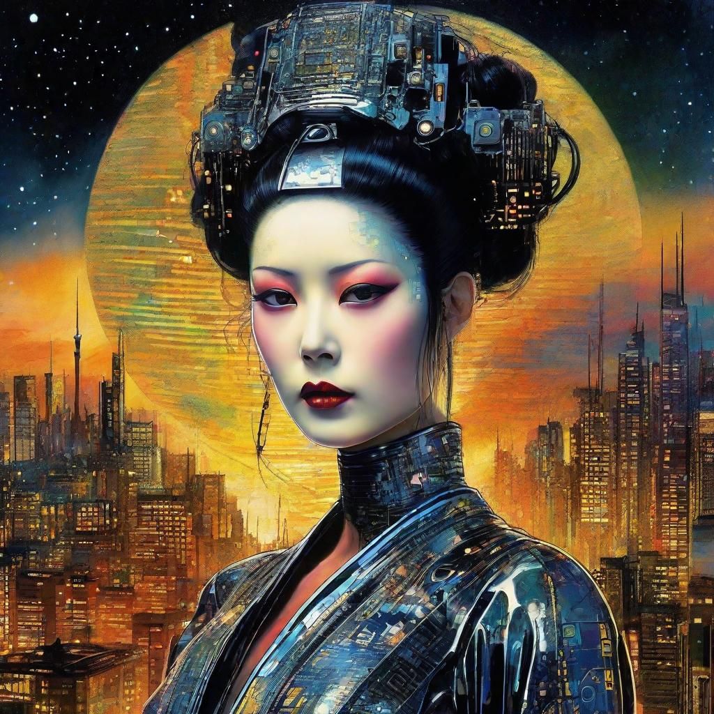 Android Geisha Portrait in Retro-Futuristic Dystopia