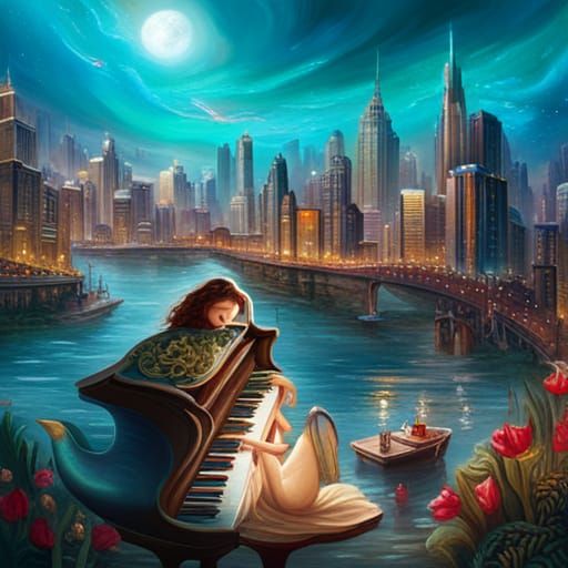 Mermaid Goddess Plays Piano in Underwater City