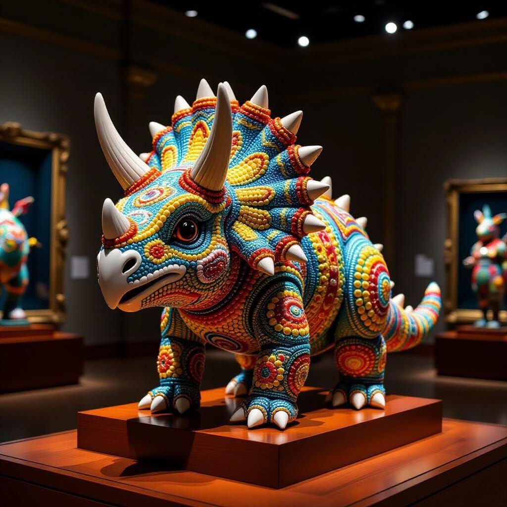 Beaded Triceratops Figurine in Museum, Pop Art Style