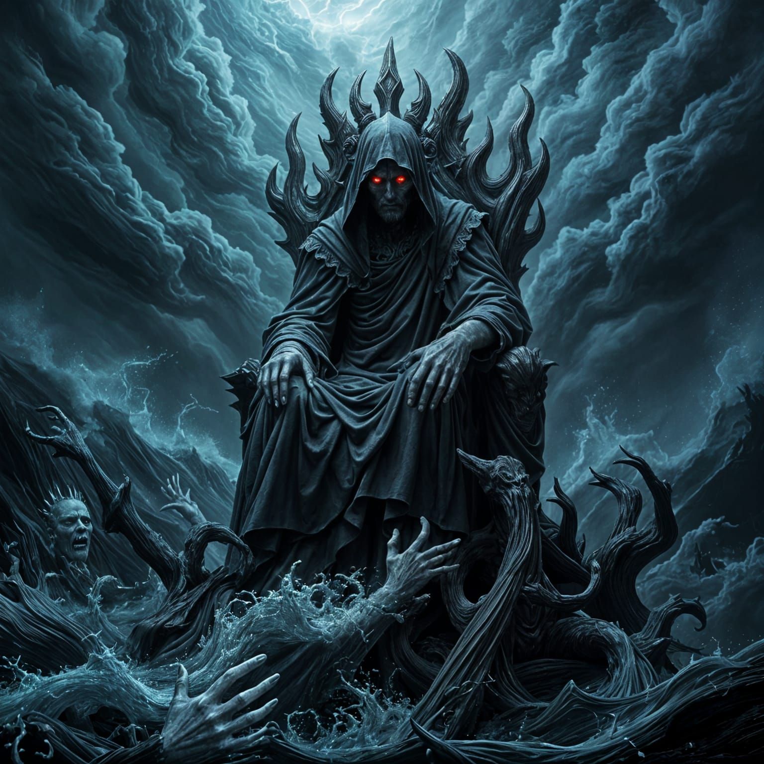 Dark Lord of Chaos, Seated Upon Twisted Throne, Amidst Turbu...