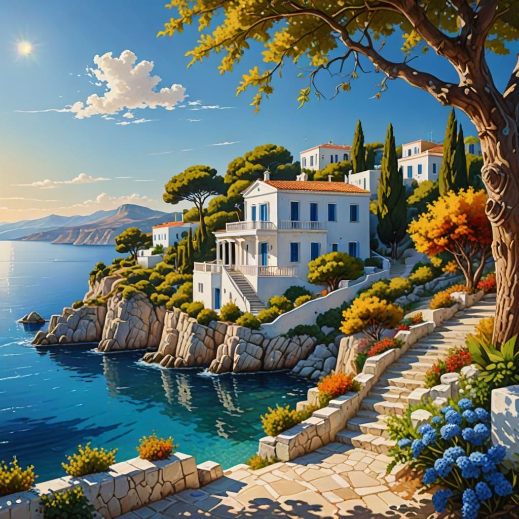 Greek Seaside House in Summer Landscape