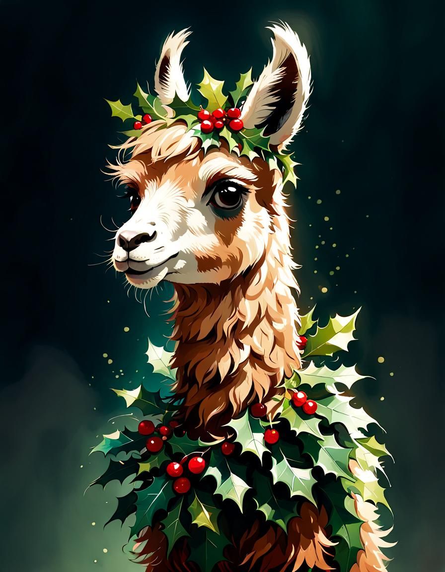 Adorable Llama in Christmas Holly Outfit, Cyberpunk Digital...