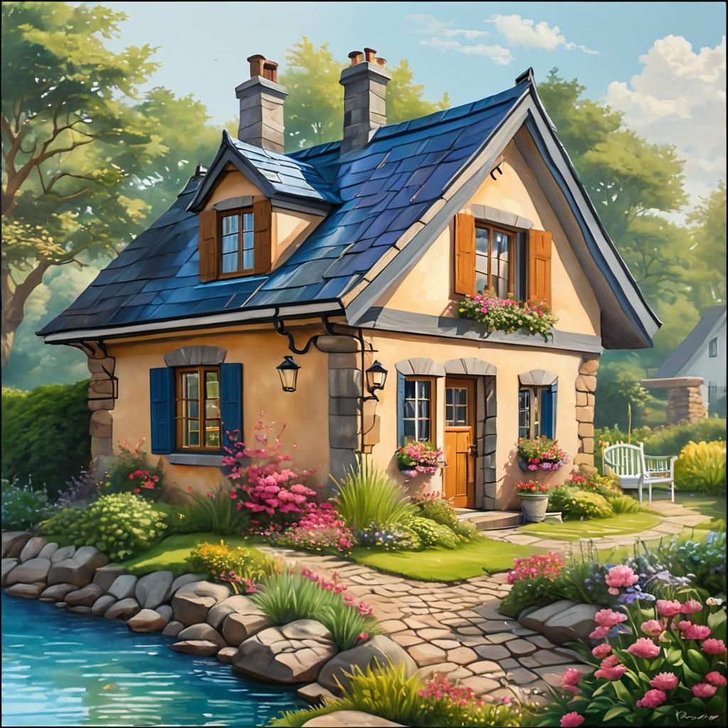 Charming Cottage Garden in Photorealistic Oil Painting