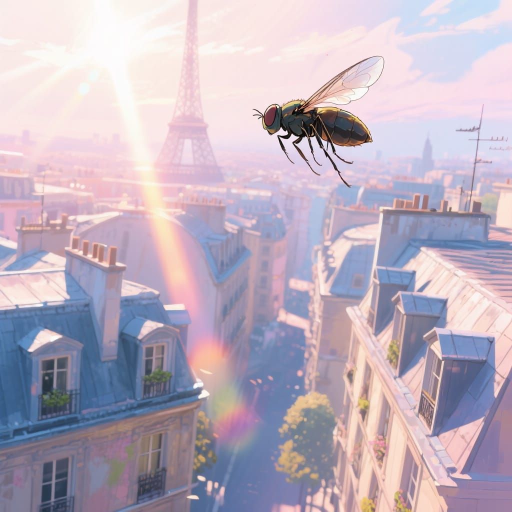 Fly Soaring Over Paris Rooftops in Anime Style