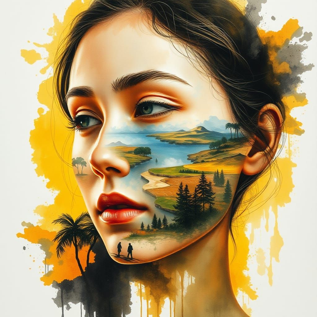 Watercolor Landscape Double Exposure Portrait