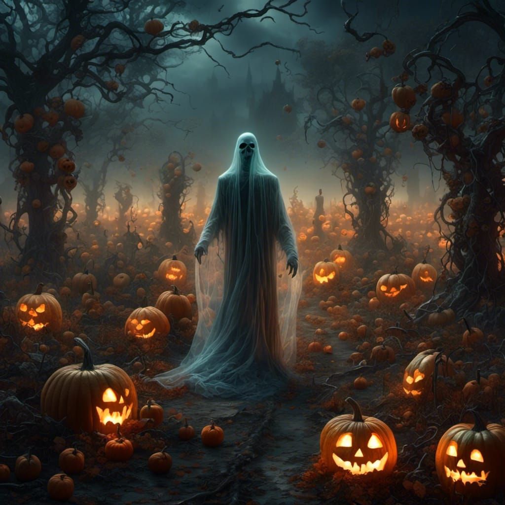 Haunted Pumpkin Patch with Glowing Jack-o'-Lanterns