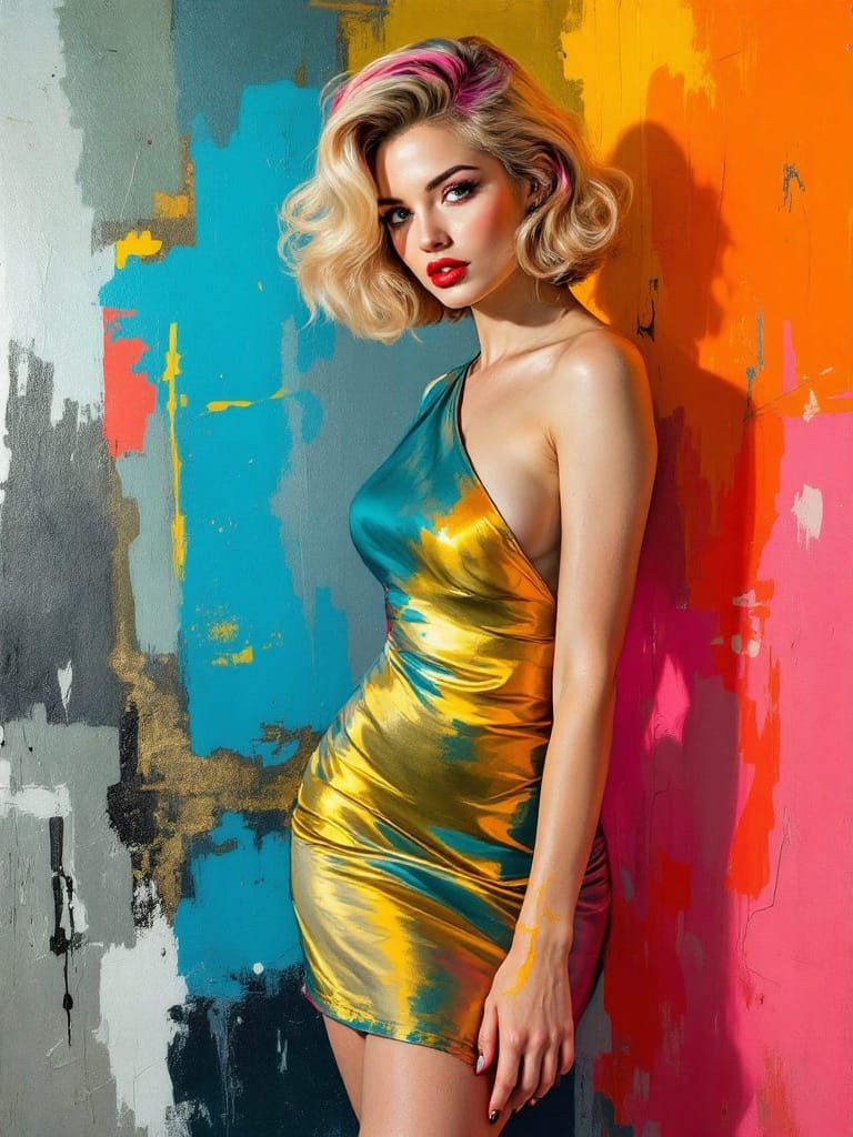 Blonde Pin-Up Woman with Pink Streaks in Textured Impasto St...