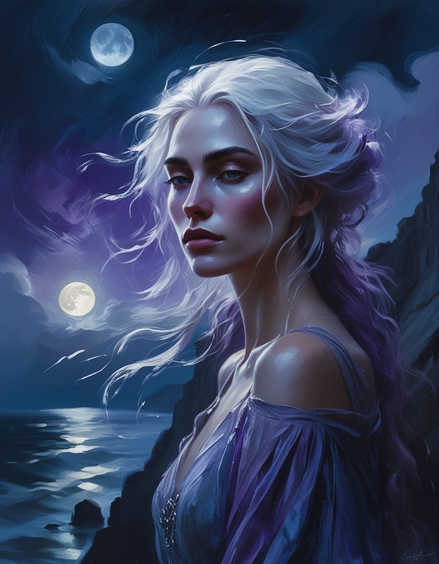 Moonlit Elf Woman on Cliff Edge: Impressionist Masterpiece