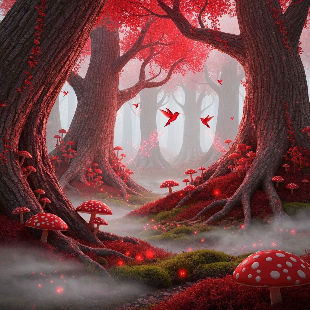Enchanted Bioluminescent Forest with Fire Red Foliage