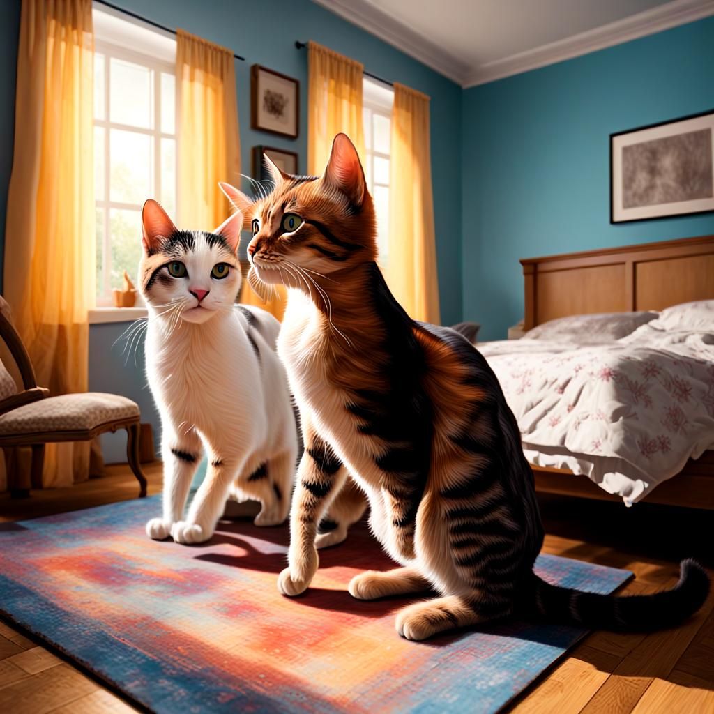 Cats Playing: Hyperrealistic Bedroom Scene