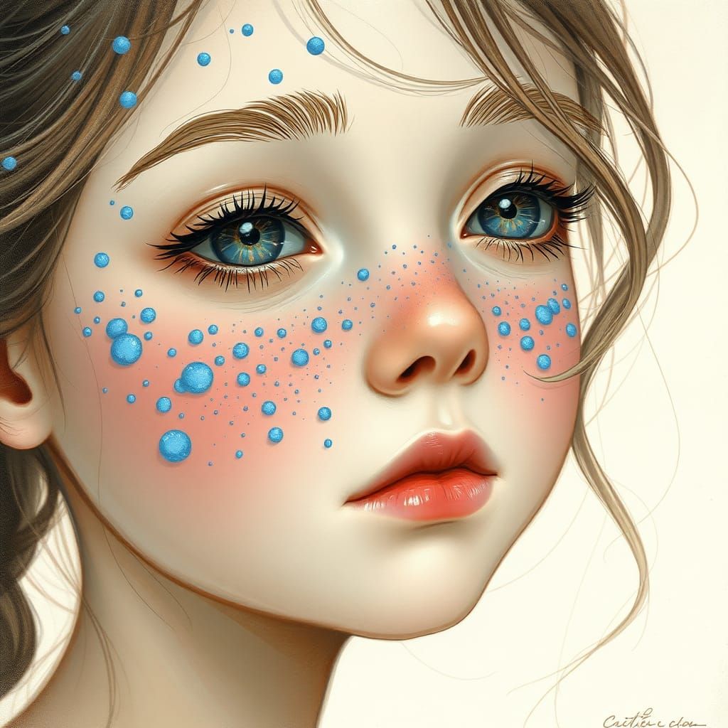 Youthful Face with Blue Freckles in Fantasy Art Style