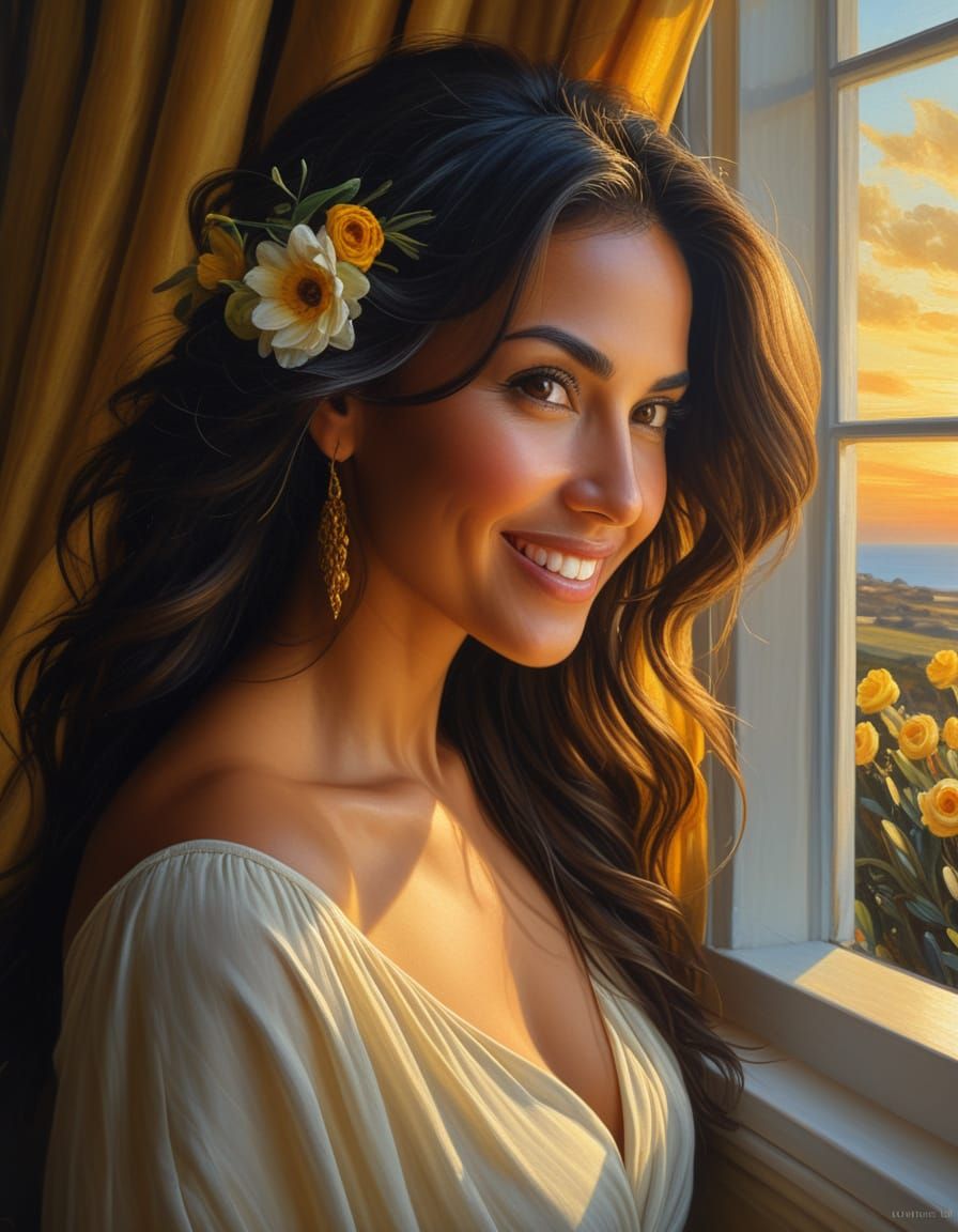 Woman at Window in Romantic Realism Style