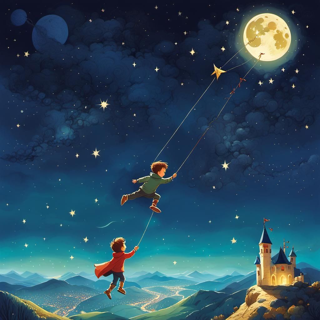 Due fratellini con una corda tentano di raggiungere la luna