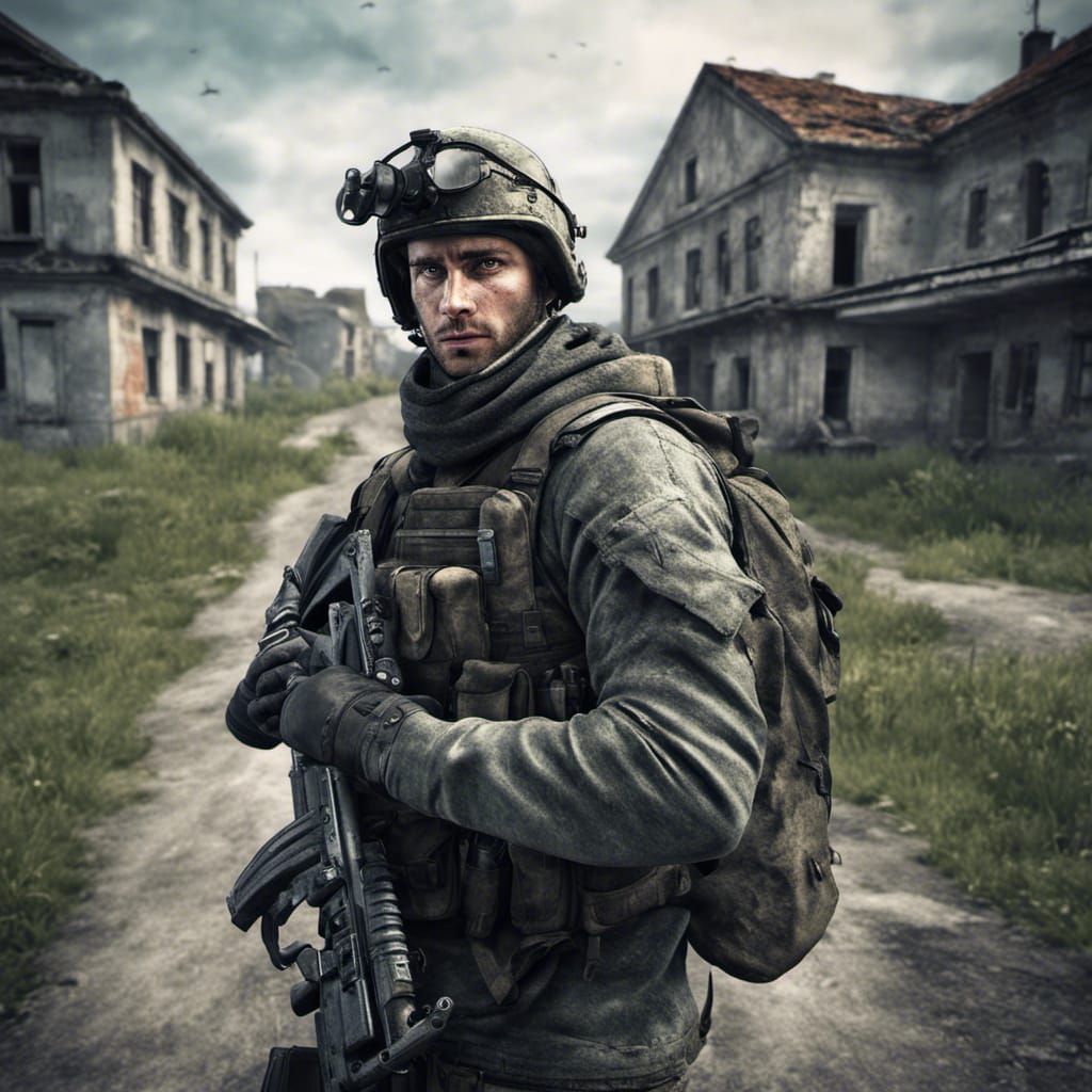 Hyperrealistic Soldier Selfie in Abandoned City